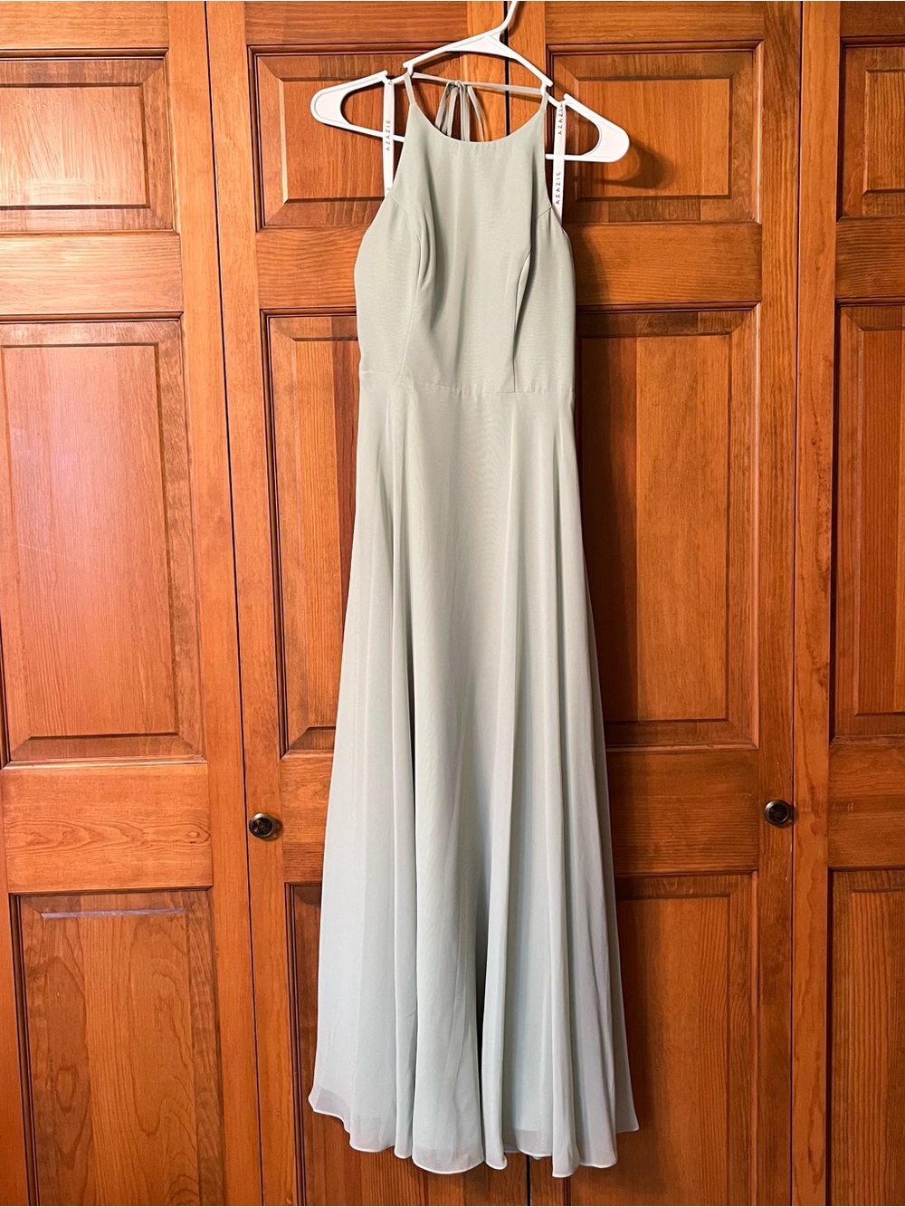 Azazie sage green halter maxi dress